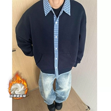 网图银狐绒450g重磅假两件格子男卫衣外套W5436J加绒-特P55控99，女装短外套，电商A001