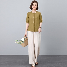亚麻女高端棉麻套装2025新款洋气妈妈休闲夏季女装减龄一整套穿搭，女装套装/套裙，涵誉