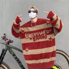 美式古着条纹水貂毛衣女2024新款秋冬季情侣慵懒外穿针织上衣，男装针织衫/毛衣，星座716-3