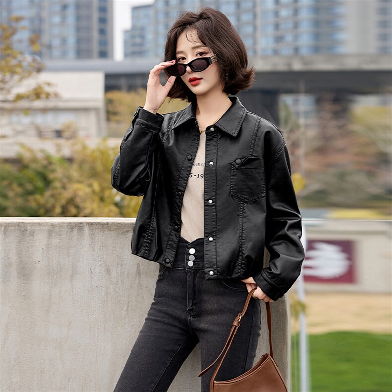 2025春秋季新款皮衣外套女pu皮翻领短款上衣拉链高级感机车服夹克,女装皮衣,美拉德工厂直营店