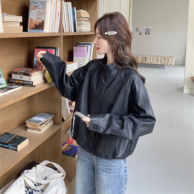 2025秋款现货韩版下摆收口黑色皮衣2C090-1820-P145-K218,女装皮衣,2C090