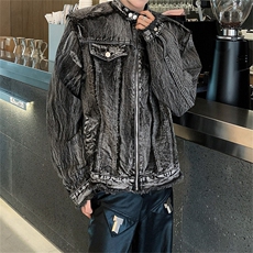 美式个性水洗做旧短款牛仔外套立领男女春秋垫肩夹克时尚毛边设计，男装工装外套，星座505-2（原电商A260-1)