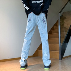 美式vibe裤子高街时尚浅蓝色星星牛仔裤NK148P38，男装牛仔裤，星座1116-2