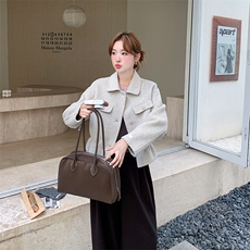 小方领燕麦色抽牛筋羊毛小外套，女装毛呢外套，1D066-1