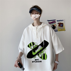 夏季港风冰丝宽松连帽短袖t恤五分体恤上衣TLM2254-P40控58，男装T恤，电商B370