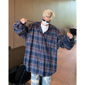 cleanfit格子连帽衬衫男潮流美式复古长袖格纹衬衣外套C21/P60图片