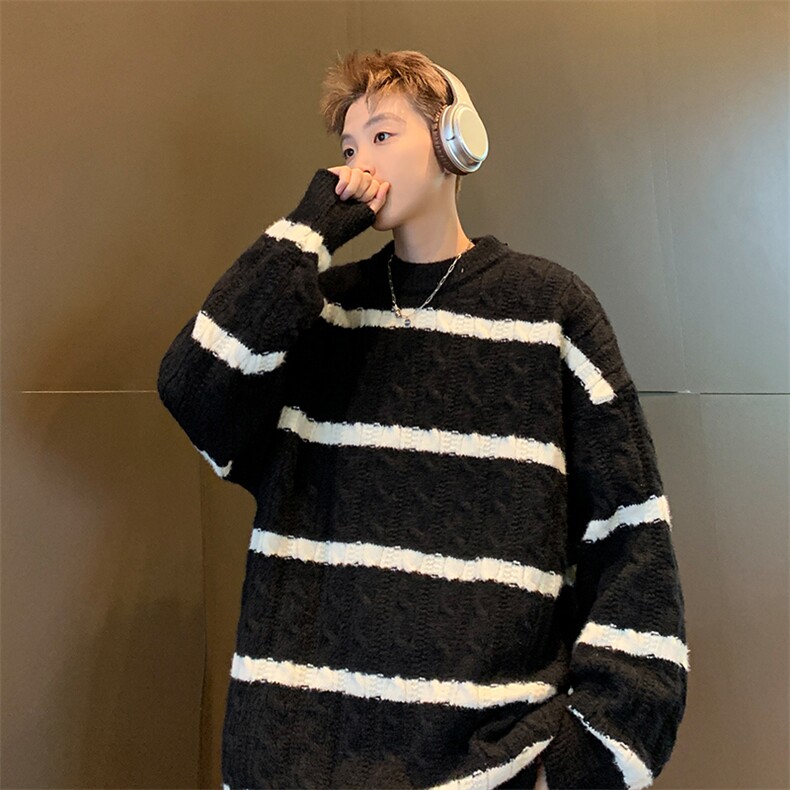 高级感韩系圆领条纹麻花毛衣潮牌休闲慵懒风加厚针织衫，男装针织衫/毛衣，星座410-6（原星座1304-1）