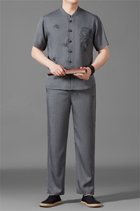 风短袖衬衫唐装长裤两件套男士夏中老年中式汉服MJ5101T-P95图片