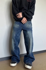 水洗泼墨深蓝色牛仔裤NZ4040特P55，男装牛仔裤，星座908-1