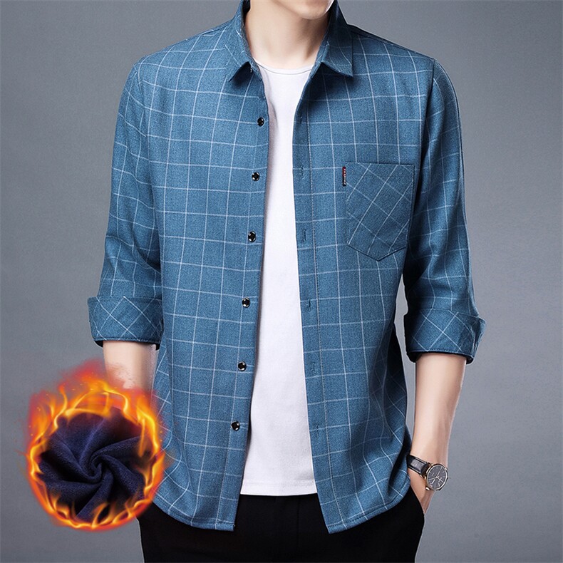 翻领长袖衬衫中年男休闲纯色格子寸衣商务时尚中青年男士加厚衬衣图片