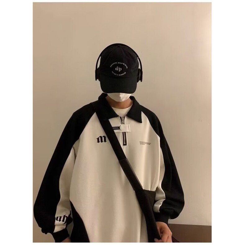 1506/QHYQ070/P39潮牌港风拼色长袖Polo衫男刺绣字母半拉链卫衣,男装Polo衫,星座1506