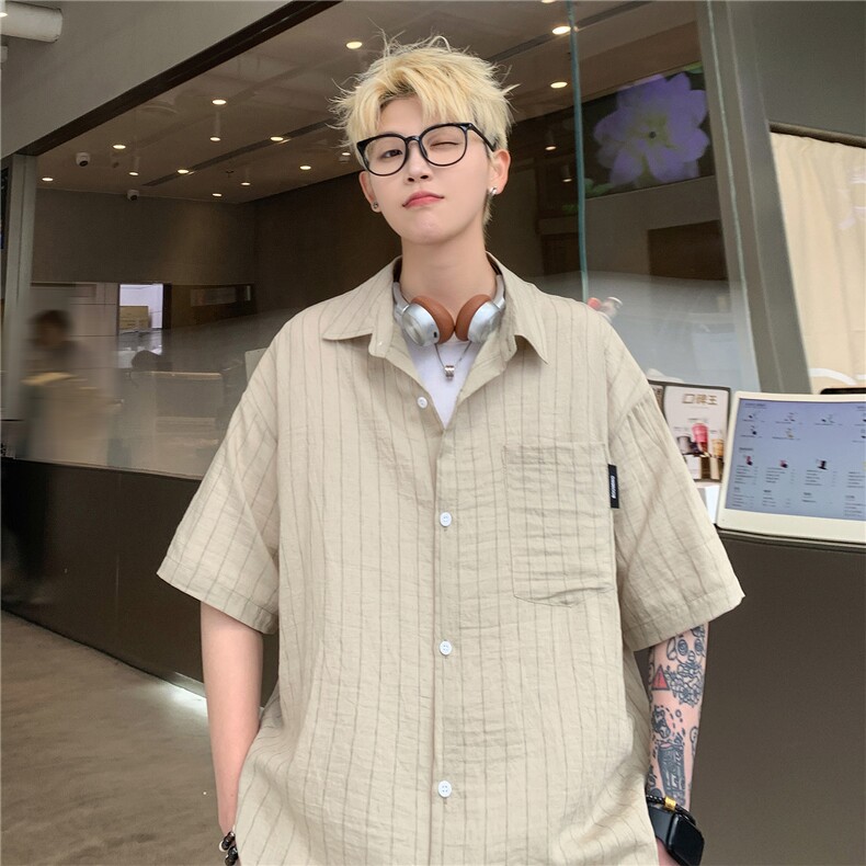 港风24条纹冰丝垂感透气短袖衬衫男女情侣衬衣薄外套上衣S312P48,男装T恤,电商A233-1