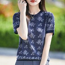 欧洲站冰丝短袖t恤女夏季2025新款气质复古印花小衫宽松针织上衣，女装T恤，片语羊绒