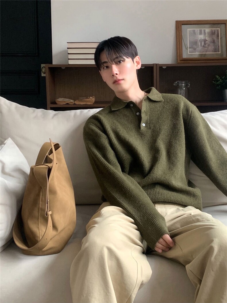 韩系翻领毛衣针织POLO衫花棕绿5081/P88,男装针织衫/毛衣,电商A242