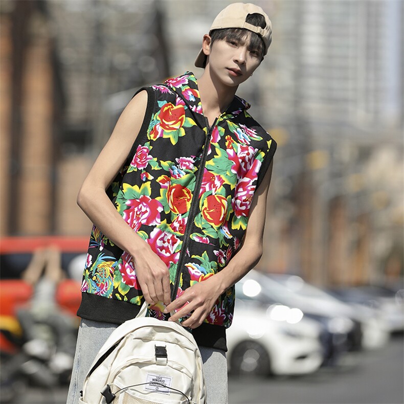 B02东北大花连帽拉链大码新中式汉服民族特色马甲背心坎肩潮男女,男装背心/马甲,星座115A(原星座507）