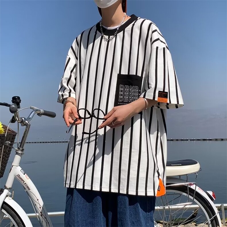 2023港风文艺条纹短袖男夏季宽松潮流五分袖T恤复古百搭,男装T恤,星座716-4