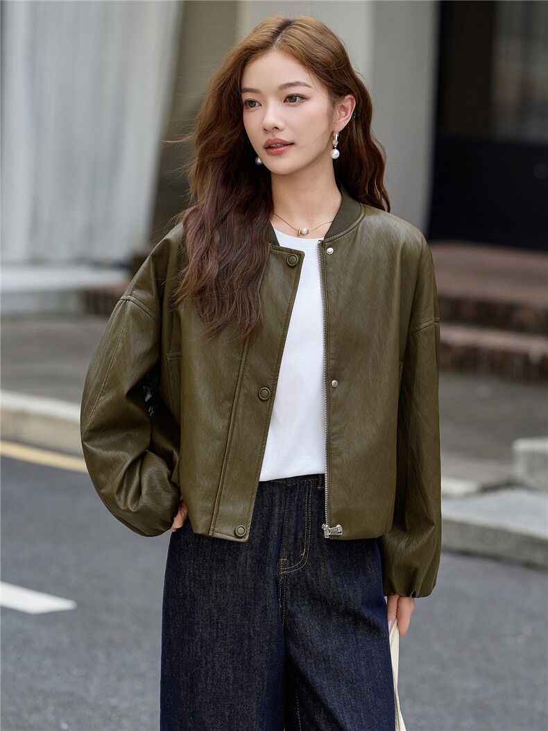 休闲棒球服免洗皮衣外套女2025秋季新款时尚减龄宽松百搭夹克上衣,女装皮衣,魅衣本色