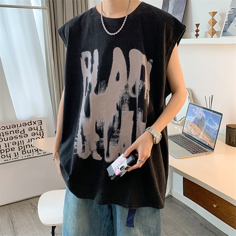 抖音供货、260克现货水洗棉印花宽松版无袖背心D223A-BX2216-P35,男装背心/马甲,电商019-1