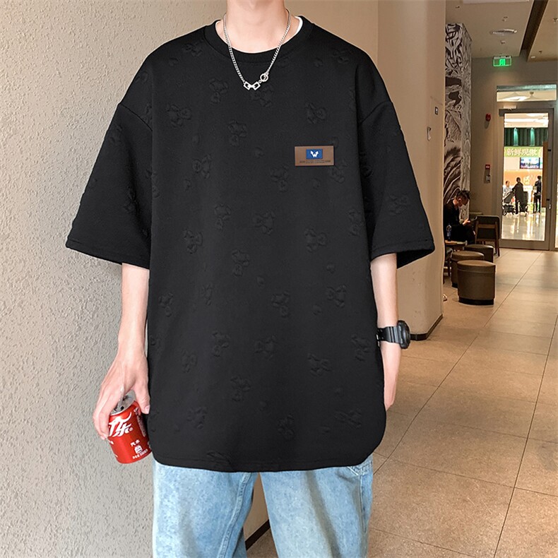 T903 P35 华夫格重磅350克小熊提花休闲高级感男士短袖T恤图片