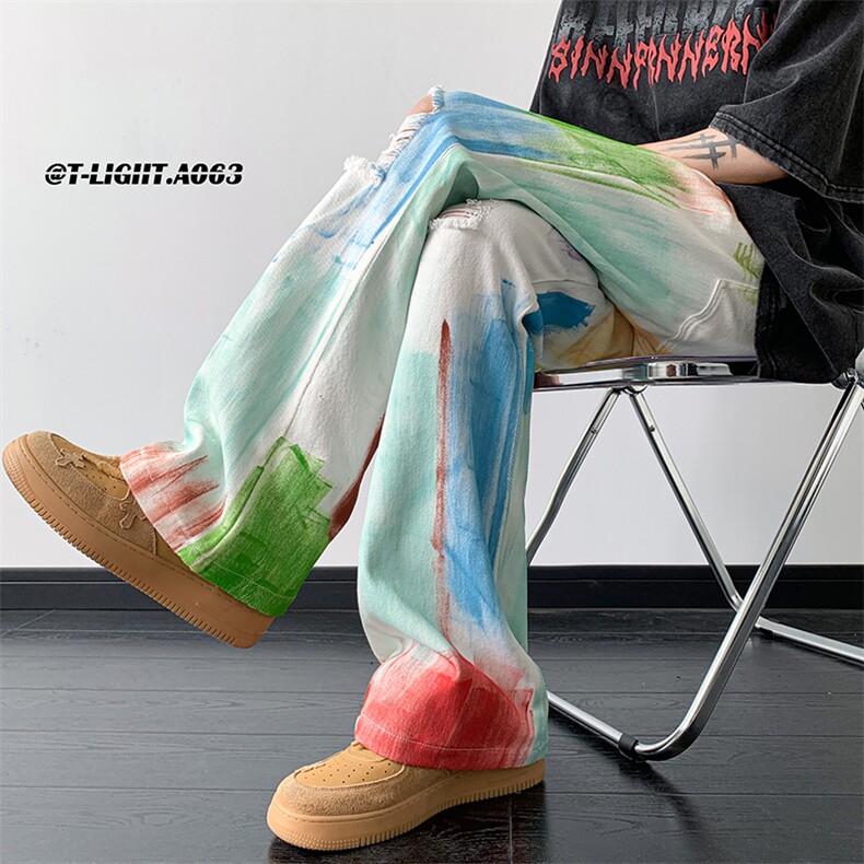 美式ins高街hiphop破洞多巴胺彩色涂鸦牛仔货号K2306P55,男装牛仔裤,电商A063