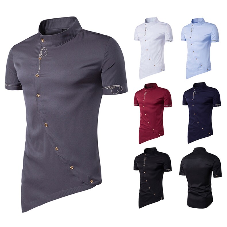 镂空外贸个性新款男士斜门襟尖下摆绅士服短袖立领衬衫A28P40，男装T恤，星座1314