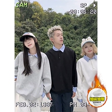 重磅加绒硬挺boxy男女美式高街假两件衬衫领长袖卫衣POLO领打底衫，男装T恤，电商A486