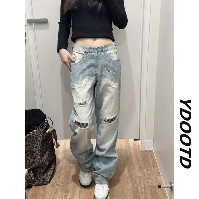 美式腰果花高街破洞牛仔裤男款水洗做旧微喇长裤KA7115-P53，男装牛仔裤，星座208-5