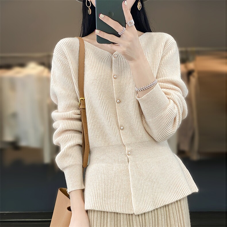 女士秋冬季新款舒适元宝针鱼尾式羊毛开衫图片