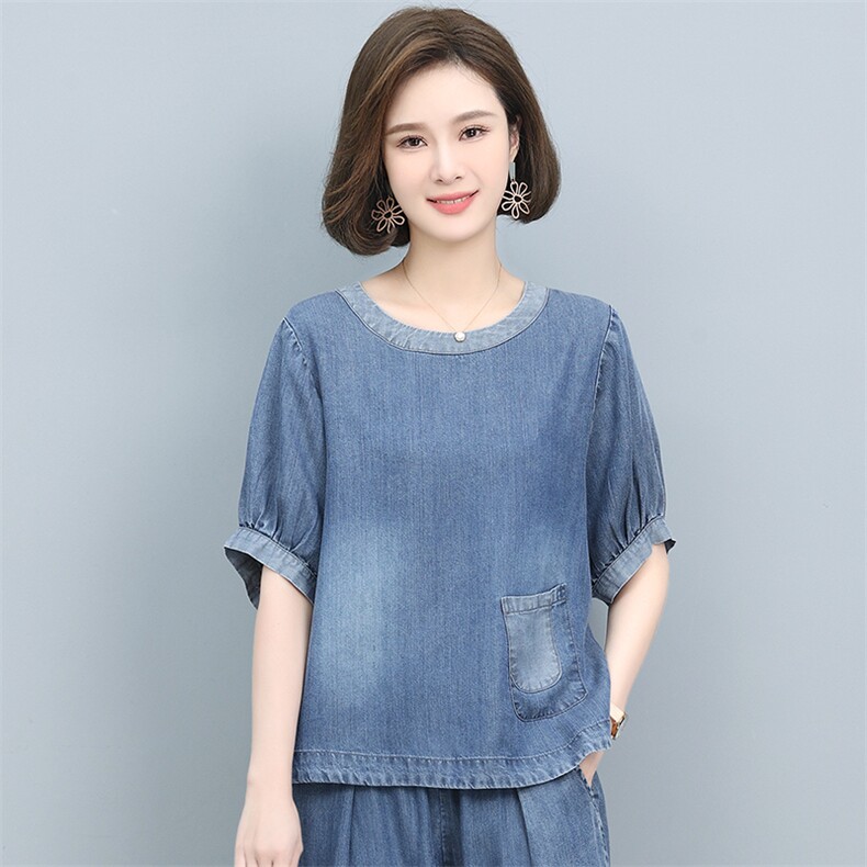 时尚宽松牛仔短袖T恤女夏季新款休闲百搭透气上衣,女装T恤,悦见她