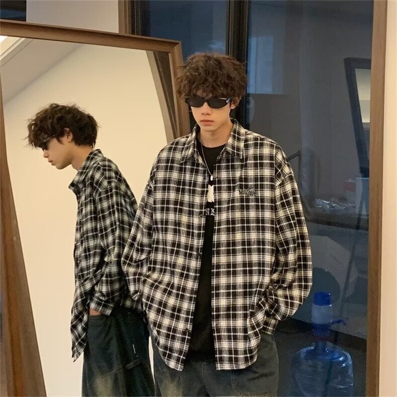美式复古街头格纹休闲百搭衬衫男女秋冬潮牌格子宽松慵懒风衬衣,男装衬衫,星座218-1（原230）