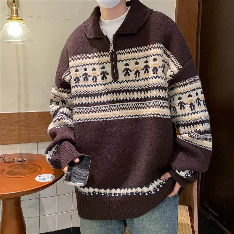 复古提花翻领针织衫毛衣百搭拉链套头情侣厚冬季,男装针织衫/毛衣,星座716-3