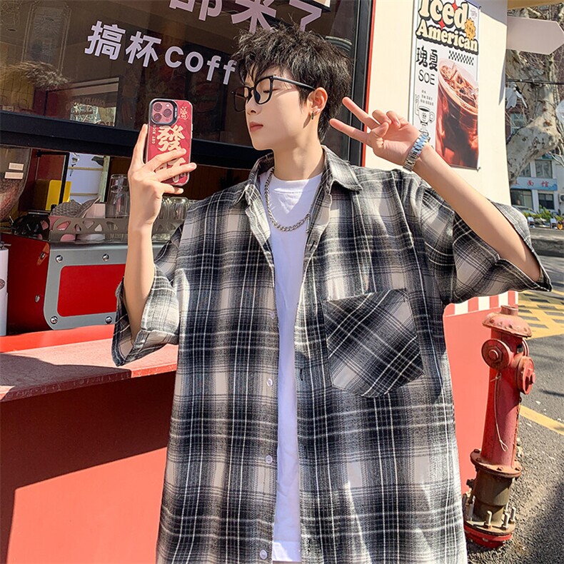 短袖衬衫男夏季新款磨毛格子衬衣DX716-特批26无差价,男装衬衫,星座214-3