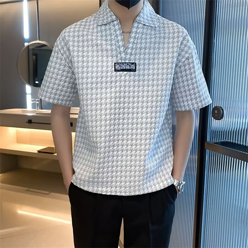夏季POLO衫领短袖衬衫男设计感千鸟格冰丝半袖衬衣男装T恤T558,男装T恤,星座1116A-2（原606A-1）