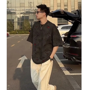 美式高街潮牌破洞短袖烧花水洗做旧T恤T2609-P50图片