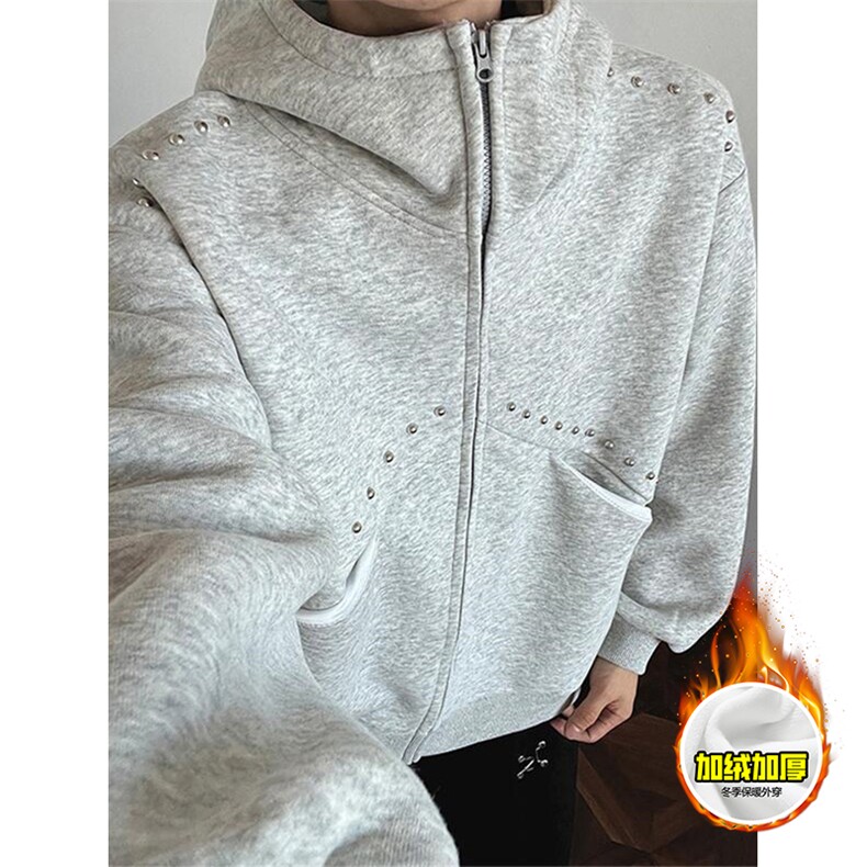 480G重磅加绒硬挺boxy男女秋冬美式高街卫衣铆钉拼接开衫厚外套，女装短外套，电商A486-1