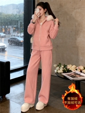 女秋冬新款时尚休闲套装宽松显瘦短款连帽毛领外套阔腿长裤两件套，女装套装/套裙，江南