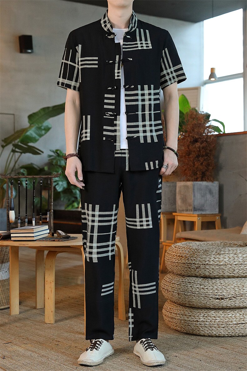 男士夏季冰丝短袖复古风唐装汉服中式居士服风套装HO6931-P65,男装T恤,星座1105-3