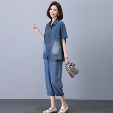 2023夏季新款时尚气质翻领显瘦休闲舒适牛仔两件套，女装套装/套裙，独衣靓