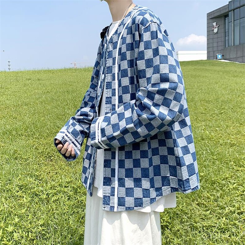 22秋冬港风大码棒球服长袖夹克上衣外穿格子牛仔衣外套潮F17/P65,男装夹克,钱塘713