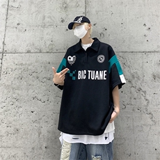 wassuphappy撞色七分袖polo衫港风日系短袖男夏季设计感半袖t恤，男装T恤，电商A059