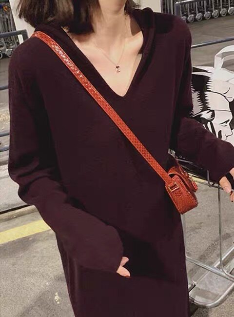 羊毛衫女秋冬宽松内搭针织衫v领中长款纯色连衣裙,女装连衣裙,思途羊绒