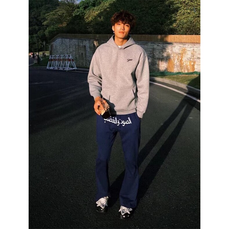 青色阿拉伯文刺绣裤子男款冬季美式运动卫裤显瘦篮球微喇休闲裤图片
