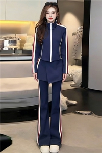 时尚休闲减龄套装女春款条纹拼接立领开衫上衣屁帘微喇长裤三件套图片