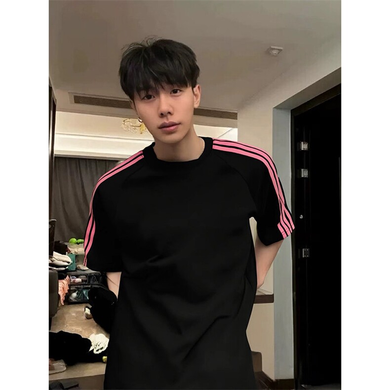 抖音得物品质二开240克宽松纯棉美式潮牌印花三条杠中性风短袖T恤,男装T恤,电商A486