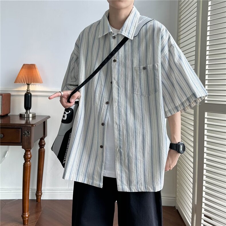 港风条纹衬衫男女短袖夏季薄款休闲日系复古衬衣服痞帅高级感设计,男装衬衫,星座601-2