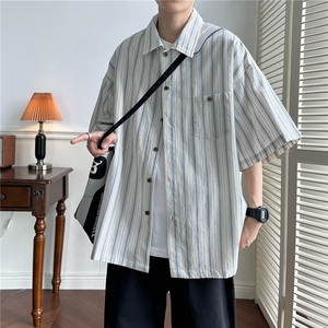 港风条纹衬衫男女短袖夏季薄款休闲日系复古衬衣服痞帅高级感设计
