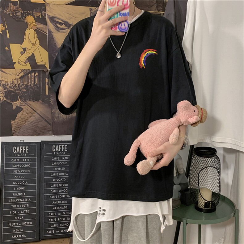 T3032/P20现货男士彩虹印花短袖T恤男女中性风情侣大码潮宽松半袖,男装T恤,电商A141