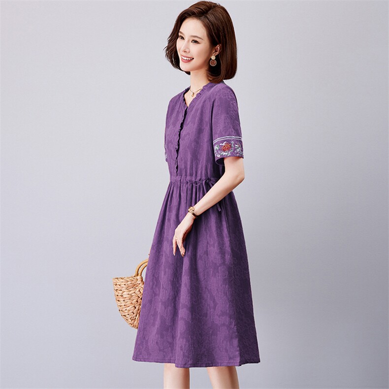 棉麻连衣裙2023夏装新款时尚收腰裙短袖复古文艺,女装连衣裙,欣美人