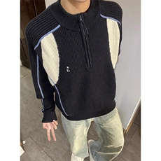 美式撞色半拉链毛衣情侣款套头外套ins轻奢小众炸街上衣MY278，男装针织衫/毛衣，星座208-5