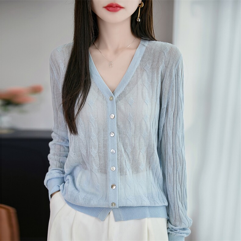 夏季薄款天丝亚麻V领针织开衫防晒衣女长袖毛衣外套宽松休闲通勤,女装蕾丝衫/雪纺衫,东远绒业